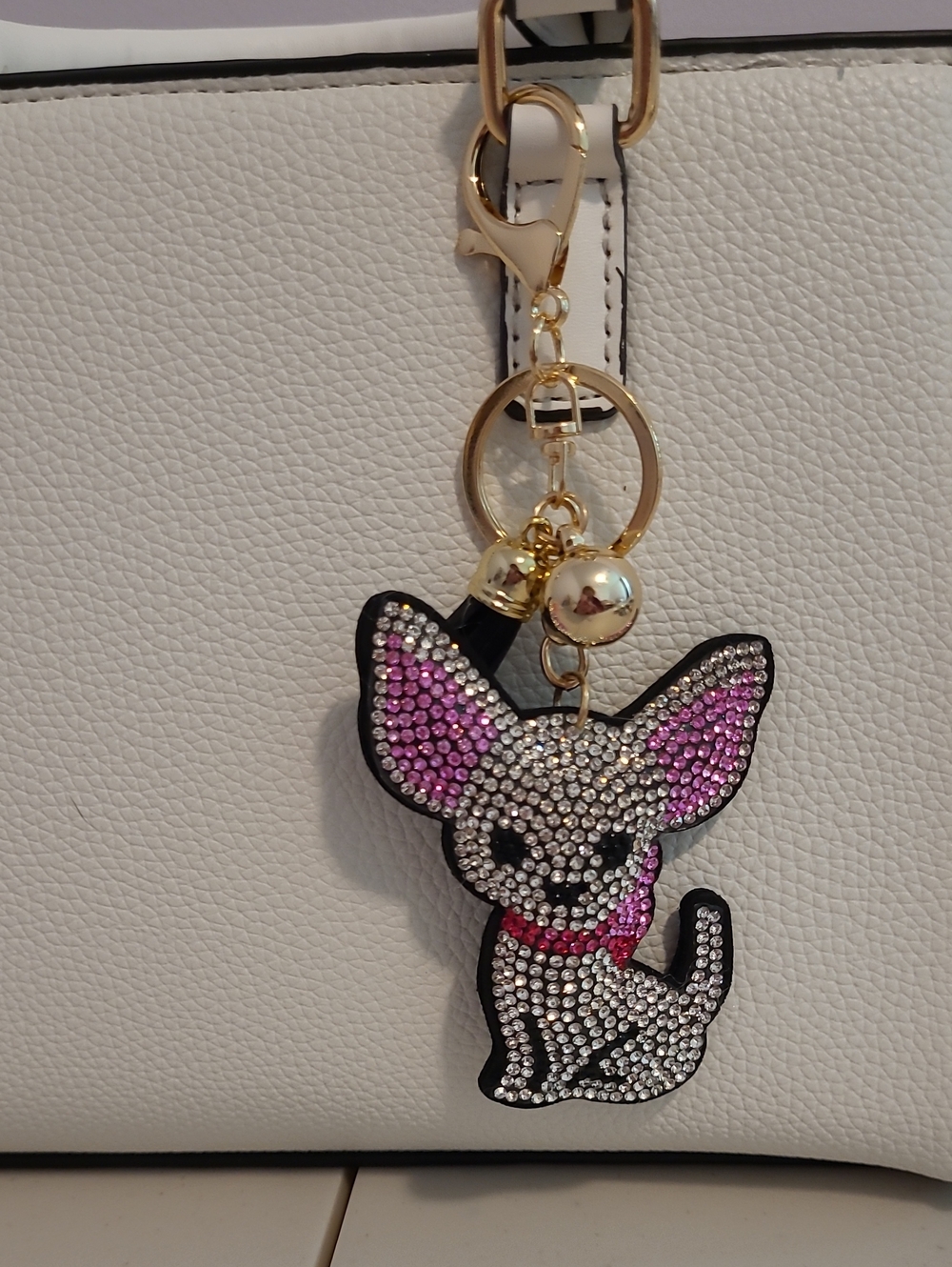 Rhinestone Chihuahua Keychain Charm - Pink & Silver